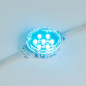 Модуль управляемый SPI-F7-D50 24V RGB-RAM-Auto (1.25W, IP68, 120 deg) 036826, Управляемый светодиодный модуль SPI, RGB, микросхема MT26803, напряжение 24 В, мощность 1.25 Вт, 7 светодиодов SMD 3535, угол 120°. Создание медиафасадов, 30 шт на проводе, расстояние между центрами модулей 170 мм, длина провода между модулями 110 мм. Сте