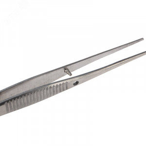 Пинцет прямой, узкий, фиксатор, рифленый 100мм ПРОФИ 12-0340