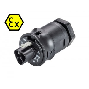 Разъем RST20I3FXS2  M00V  SW, Взрывозащищенный вилочный разъем в панель, М20, IP68(69k), 3 полюса, пружинная фиксация провода, номинальные характеристики: 250V+РЕ, 20A, цвет: черный, серия RST Ex