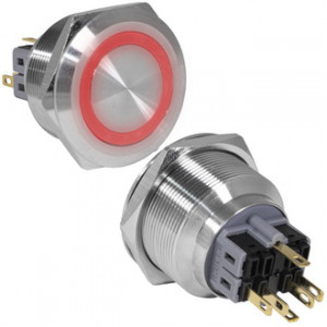 GQ28-11E/R/N ON-(OFF)+OFF-(ON), Антивандальная кнопка металлическая без фиксации с кольцевой подсветкой, посадочная резьба М28, контакты под пайку