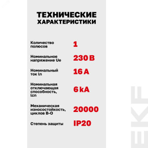 Автоматический выключатель 1P 16А (C) 6кА ВА 47-63N EKF PROxima