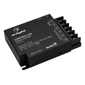 Контроллер SMART-K28-RGB (12-24V, 3x10A, 2.4G) 027134, Контроллер для светодиодной RGB ленты (ШИМ). Питание/рабочее напряжение 12-24VDC, максимальный ток 10A на канал, 3 канала, максимальная мощность 360-720W. Винтовые клеммы. Корпус - PVC. Габариты 110x75x25 мм. Управляется пультами и панелями серии SMART (п