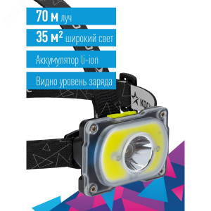 Фонарь аккумуляторный налобный 3Вт XPE LED+5Вт COB LED Li-ion 18650 1200мА.ч корпус ABS-пластик индикатор уровня заряда USB-шнур type C регулируемый эласт. ремешок KOC507Lit