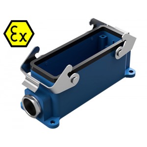 Закрытое основание разъема EX 70.331.2436.0, Основание разъема на панель, закрытое, типоразмер 24B, взрывозащищита, с уплотнителем, 1 кабельный ввод M25x1,5, IP54, с левым расположением, с двумя защелками, без защитной крышки, материал корпуса: цинковый сплав