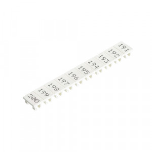 Маркировка для клемм (полоска) 9705A/6/10 B 191-200, Маркировочные шильдики, для клемм сечением 4 мм.кв., боковая / верхняя, 10 шильдиков, нанесенные символы: 191..200, с горизонтальным расположением, размер шильдика: 5,75 x 8,3 мм, цвет: белый