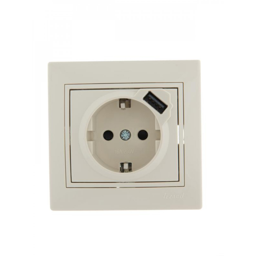 Изображение товара Розетка 1-м СП Mira 16А с заземл. + USB разъем крем. 701-0303-181
