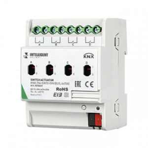 KNX-704-SW20-DIN, Релейный модуль 4-х канальный для KNX систем. Установка на DIN рейку. Возможность ручного управления. Напряжение питания DC 21-30V от шины данных. Максимальный коммутируемый ток - 20А/канал. Для коммутации электирических нагрузок в сетях с номинальным нап