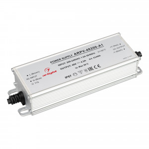 Блок питания ARPV-48200-A1 (48V, 4.2A, 200W) 034690, Источник напряжения с гальванической развязкой для светодиодных изделий. Входное напряжение 200-240 VAC. Выходные параметры: 48 В, 4.2 А, 200 Вт. Встроенный PFC >0,5. Герметичный алюминиевый корпус IP 67. Рабочая температура -40…+70C?. Габаритные размеры