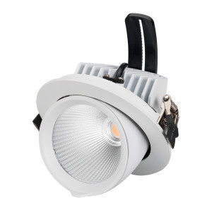 Светильник LTD-EXPLORER-R130-20W Warm3000 (WH, 38 deg) 024031, Встраиваемый поворотно-выдвижной светильник. Мощность 20 Вт, св. поток 1600-1800 лм, 80-90 лм/Вт, теплый 3000 K, CRI>90, угол 38°, напряжение питания 230 В. Белый круглый корпус из алюминия, экран стекло, степень защиты IP20. Угол поворота 350°