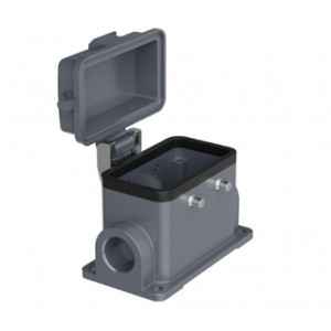 Закрытое основание разъема H10B-SM-4PR-PC-PG16, Основание разъема на панель, закрытое, типоразмер 10B, с уплотнителем, 1 отверстие с резьбой для кабельных вводов PG16, без защелок (упоры для двух защелок), с защитной крышкой, материал корпуса: алюминиевый сплав