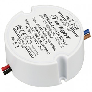 Блок питания ARJ-SP-40300-PFC-TRIAC-R (12W, 27-40V, 300mA) 040962, Диммируемый источник тока по стандарту TRIAC с гальванической развязкой для светильников и мощных светодиодов. Входное напряжение 220-240 VAC. Выходные параметры: 30-40 В, 300 mА, 12 Вт. Встроенный PFC >0,92. Негерметичный пластиковый корпус IP 44.