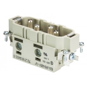 Вилочная контактная вставка 72.218.0453.0, Вилочная контактная вставка, винтовая фиксация, 4 полюса + PE, типоразмер 16B, 690V, 82A, сечение обслуживаемых проводников 6-16 мм кв, тип покрытия контактов: серебро