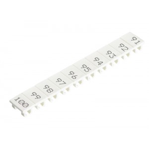 Маркировка для клемм (полоска) 9705A/8/10 B 91-100, Маркировочные шильдики, для клемм сечением 6 мм.кв., боковая / верхняя, 10 шильдиков, нанесенные символы: 91...100, с горизонтальным расположением, размер шильдика: 5,75 x 8,3 мм, цвет: белый