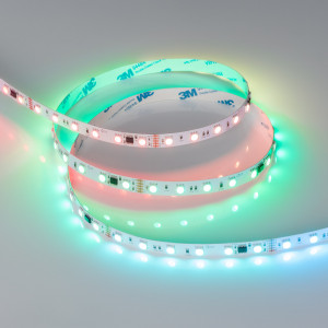 Лента DMX-B60-10mm 24V RGB-PX6 (14 W/m, IP20, 5060, 5m) 039183, Светодиодная лента DMX-B60, открытая IP20, с микросхемой GS8516. Светодиоды 5060, 60 шт/м (1 pixel = 6 LED), белая плата, скотч 3М. Цвет RGB, угол 120°. Питание 24 В, мощность 14 Вт/м (70 Вт на 5 м). Размеры 5000x10x1.8 мм. Мин. отрезок 100 мм, 6 светодио