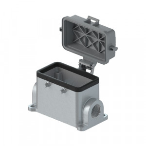 Закрытое основание разъема BAS GUT GF 10 M20 A1, Основание разъема на панель, закрытое, типоразмер 10B, с уплотнителем, 2 отверстия с резьбой для кабельных вводов M20x1,5, без защелок (упоры для двух защелок), с защитной крышкой, материал корпуса: алюминиевый сплав