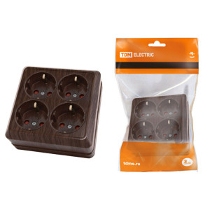 Розетка четырехместная 2П+3 открытой установки IP20 16A с защитными шторками бук "Ладога" SQ1801-0323