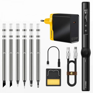 Паяльник FNIRSI HS-01 black SET4, Мощный компактный паяльник с цифровой регулировкой температуры и сменными жалами, питании 9-20V, 65W при питании по протоколу PD, QC, в комплекте 6 жал HS01-BC2, BC3, B2, ILS,KR6, K65, кабель DC5.5*2.1 - USB Type-C, кабель USB Type-C, USB65W, подставка