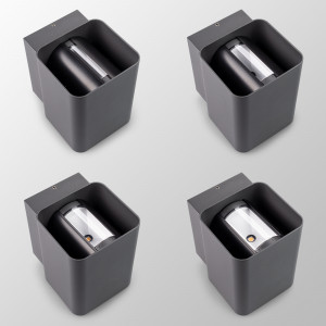 Светильник LGD-WALL-VARIO-S104x129-2x6W Day4000 (GR, 1-80 deg) 029794, Накладной настенный светильник, свечение вверх/вниз. Мощность 12 Вт, св. поток 820 лм, 68 лм/Вт, дневной 4000 K, CRI>80, изменяемый угол освещения 0°-80°, напряжение питания 230 В. Темно-серый фигурный корпус из алюминия, экран ударопрочный PC,