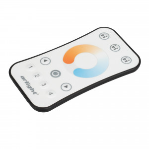 Пульт SMART-R40-MIX (4 зоны, 2.4G) 028143, Кнопочный радиопульт с сенсорным кольцом 2.4 ГГц белого цвета для управления MIX (CCT) источником света. 4 зоны управления, выбор температуры свечения с помощью сенсорного кольца. Питание 3VDC (CR2032). Габариты 107x58.5x9 мм. Изготовлен из пластика с пок