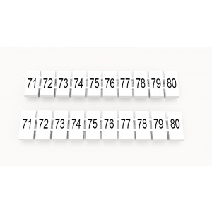ZB5-10P-19-34Z(H), Маркировочные шильдики для клемм WS…, DC…, PC…, сечением 2,5 мм кв., центральная, 10 шильдиков, нанесенные символы: 71-80 с вертикальным расположением, размер шильдика: 4,55х10,7 мм, цвет белый