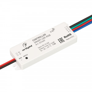 Контроллер SMART-UNI-RGB (12-24V, 3x2A, 2.4G) 031609, Контроллер для мультицветной (RGB) светодиодной ленты (ШИМ). Питание/рабочее напряжение 12-24VDC, максимальный ток 2A на канал, 3 канала, максимальная мощность 72-144W. Корпус - PVC. Габариты 64x23.5x8.5 мм. Управляется пультами и панелями серии SMART (по