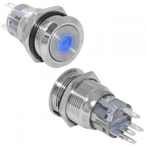 LAS1-AGQ-11D/B/N ON-(ON), Кнопка антивандальная металлическая без фиксации с точечной подсветкой синего цвета, 5А 250В, резьба М19