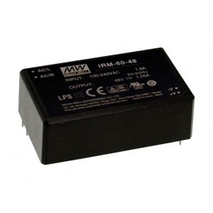 IRM-60-48, AC-DC, 60Вт, вход 85...264В AC 47...440 Гц, выход 48В/1.25А, изоляция 3000В AC, в корпусе на плату 87x52x29.5мм, -30...+70°C