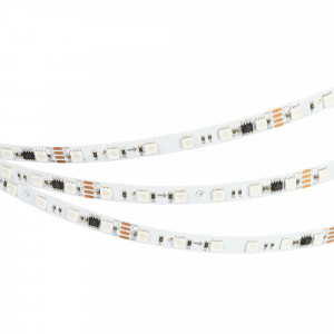 Лента DMX-B60-10mm 24V RGB-PX6 (14 W/m, IP20, 5060, 5m) 039183, Светодиодная лента DMX-B60, открытая IP20, с микросхемой GS8516. Светодиоды 5060, 60 шт/м (1 pixel = 6 LED), белая плата, скотч 3М. Цвет RGB, угол 120°. Питание 24 В, мощность 14 Вт/м (70 Вт на 5 м). Размеры 5000x10x1.8 мм. Мин. отрезок 100 мм, 6 светодио