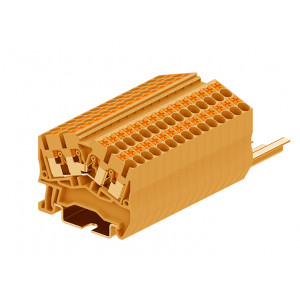 Проходная клемма TPS2.5-4-OG, Проходная клемма, угловая, 4 точки подключения, тип фиксации провода: Push-in, номинальное сечение: 2,5 мм кв., 24A, 800V, ширина: 5,2 мм, цвет: оранжевый, тип монтажа: DIN35