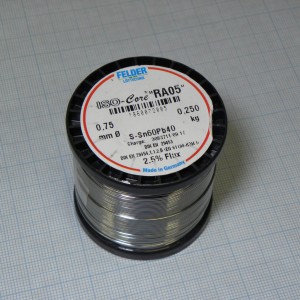 Припой Sn60Pb40 RA05  0.75мм 250гр, Припой трубчатый оловянно-свинцовый ПОС61, 2.5% флюс RA05 активный с низким содержанием галогенов (ROM1)