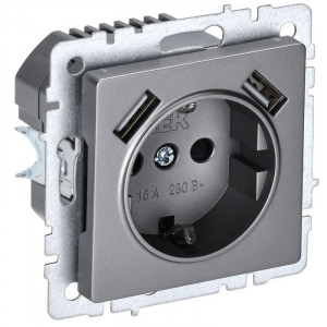 Розетка BRITE РЮш10-1-БрС 16А с USB A+A 2.1А с заземл. защ. шторки сталь BR-R14-16-U21-D21-K46