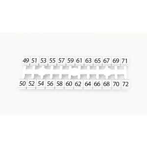 Маркировка (в кассетах) ZK5-24P-19-07Z(H), Кассета с маркировочными шильдиками, для клемм сечением 2,5 мм.кв., боковая, 24 шильдика, нанесенные символы: 1 ряд :49.51.53…71; 2 ряд :50.52.54…72, с вертикальным расположением, размер шильдика: 4,6 х 5 мм, цвет: белый