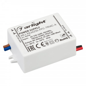 Блок питания ARJ-KE40250-PFC-TRIAC-A (10W, 250mA) 028780, Диммируемый источник тока по стандарту TRIAC с гальванической развязкой для светильников и мощных светодиодов. Входное напряжение 220-240 VAC. Выходные параметры: 27-40 В, 250 mА, 10 Вт. Встроенный PFC >0,92. Негерметичный пластиковый корпус IP 44. Габари