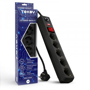 Удлинитель с сетевым фильтром 5х1.8м с заземл. с выкл. 16А с защ. от скачков напр. и перегрузок 3х1 черн. TKE-C05-SF5-1.8-ZV