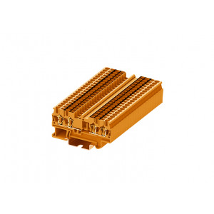 Проходная клемма TC2.5-2X2-OG, Проходная клемма, с разрывом цепи, 2 x 2 точки подключения, тип фиксации провода: пружинный, номинальное сечение: 2,5 мм кв., 24A, 800V, ширина: 5,2 мм, цвет: оранжевый, тип монтажа: DIN35