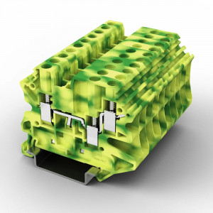 Заземляющая клемма UUT-4/1-2PE, Заземляющая клемма, 3 точки подключения, тип фиксации провода: винтовой, номинальное сечение: 4 мм кв., 500V, ширина: 6,2 мм, цвет: желто-зеленый, тип монтажа: DIN35