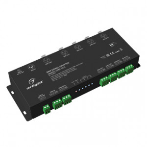 DMX-сплиттер SMART-DMX-4CH (12-36V, XLR3) 028435, Сплиттер (усилитель) DMX512 сигнала. Вход - 1 порт DMX512, выход - 4 порта DMX512. Напряжение питания DC 12-36V, разъемы XLR3. Габариты 256х92х38 мм.