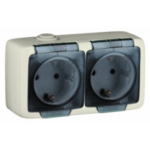 Alfa Розетка двухместная, с пылевлагозащитой, с заземляющими контактами, открытой установки, слоновая кость РА16-251-01