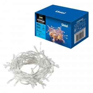 Гирлянда светодиодная с контроллером 5м 50 светодиодов Теплый Провод прозрачный ULD-S0500-050/DTA WARM WHITE IP20 UL-00005256