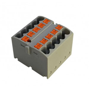 Распределительный блок JUT15-10x2.5-GY, Распределительная клемма, 10 точек подключения, тип фиксации провода: Push-in, номинальное сечение: 2,5 мм кв., 690V, 41A, цвет: серый, тип монтажа: DIN35