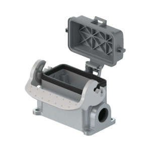 Закрытое основание разъема BAS GUT GS 10 M20 A1, Основание разъема на панель, закрытое, типоразмер 10B, с уплотнителем, 1 отверстие с резьбой для кабельных вводов M20x1,5, с левым расположением, с одной защелкой, с защитной крышкой, материал корпуса: алюминиевый сплав