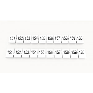 Маркировка (в кассетах) ZB8-10P-19-21Z(H), Кассета с маркировочными шильдиками, для клемм сечением 6 мм.кв., верхняя, 10 шильдиков, нанесенные символы: 151...160, с вертикальным расположением, размер шильдика: 7,45 x 10,7 мм, цвет: белый