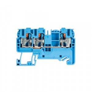 Проходная клемма WTP 2,5/4 D1/2 BL, Проходная клемма, 3 точки подключения, тип фиксации провода: Push-in, номинальное сечение: 2,5/4 мм кв., 32A, 800V, ширина: 5 мм, цвет: синий, тип монтажа: DIN35
