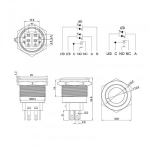 A22-A1-12V с красной подсветкой, Кнопка антивандальная с подсветкой 12В d22 5A 250B (6c) OFF-(ON)/ON-(OFF)