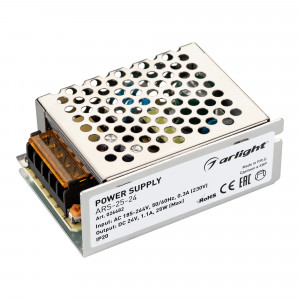 Блок питания ARS-25-24 (24V, 1.1A, 25W) 026682, Источник напряжения с гальванической развязкой для светодиодных изделий. Входное напряжение 185-264 VAC. Выходные параметры: 24 В, 1,1 А, 25 Вт. Встроенный PFC >0,5. Негерметичный алюминиевый сетчатый корпус IP 20. Габаритные размеры длина 85 мм, ширина 5