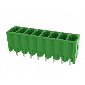 Вилочный разъем на плату MC-PA3.81V05-L-0002, Вилочный разъем, вертикальный, на плату, шаг: 3.81 мм, 5 полюсов, фиксация на плате пайкой, исполнение: ступенчетого типа, 160V, 8A, цвет: зеленый