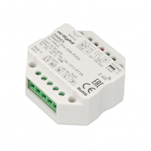 Диммер SMART-D14-DIM-PUSH (230V, 1.5А, 0-10V, 2.4G) 028434, Диммер для одноцветных источников света (выход 0/1-10V, реле). Питание/рабочее напряжение AC 85-265V, выходной ток 1.5А (реле), выходная мощность (127.5-397.5)W. DIP переключатель 0-10V/1-10V. Корпус - PVC. Габариты 52х52х26 мм, встраивается в стандартный
