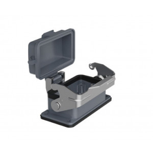 Открытое основание разъема H10B-OM-1L-PC, Основание разъема на панель, открытое, типоразмер 10B, с уплотнителем, с одной металлической защелкой, с пластиковой защитной крышкой, материал корпуса: алюминиевый сплав