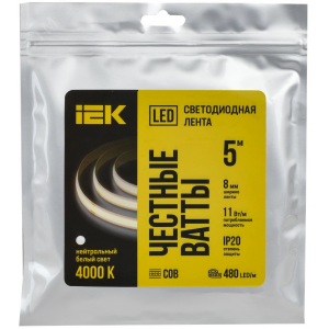 Лента LED 5м COB-312LED 8Вт/м IP20 8мм 24В 4000К IEK LSR11-10-312-20-1-05