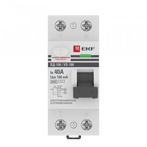 Устройство защитного отключения ВД-100 2P 40А 100мА (тип АС, электромеханическое) 6кА EKF PROxima